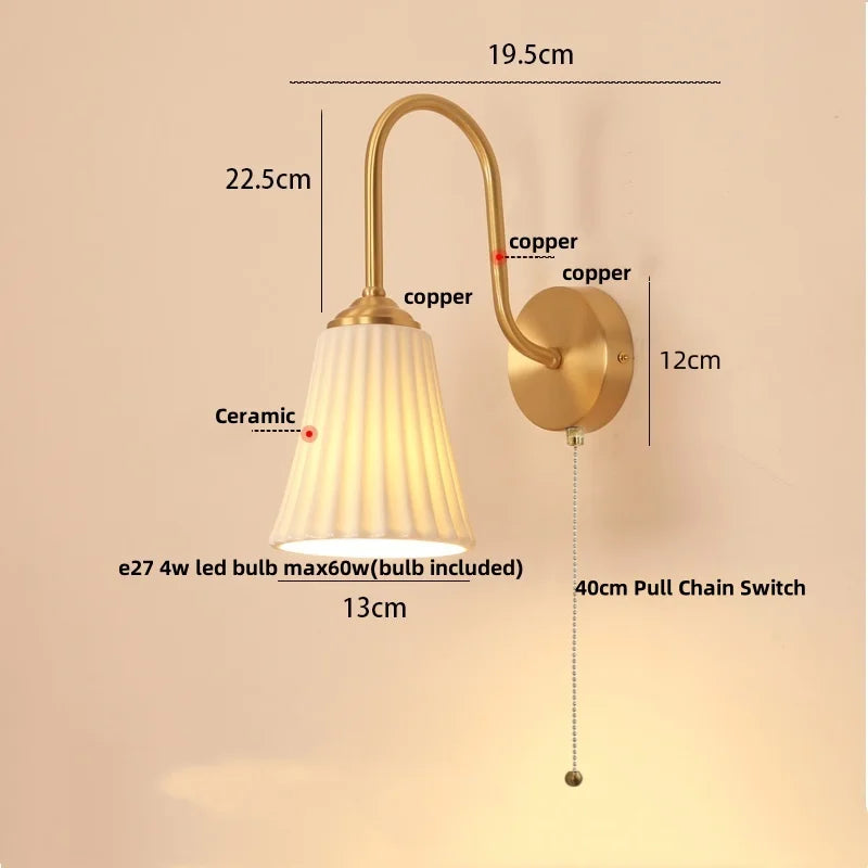 Afralia™ Glass LED Wall Sconce with Pull Chain Switch for Coffee Bedroom - Copper Nordic Stair Light