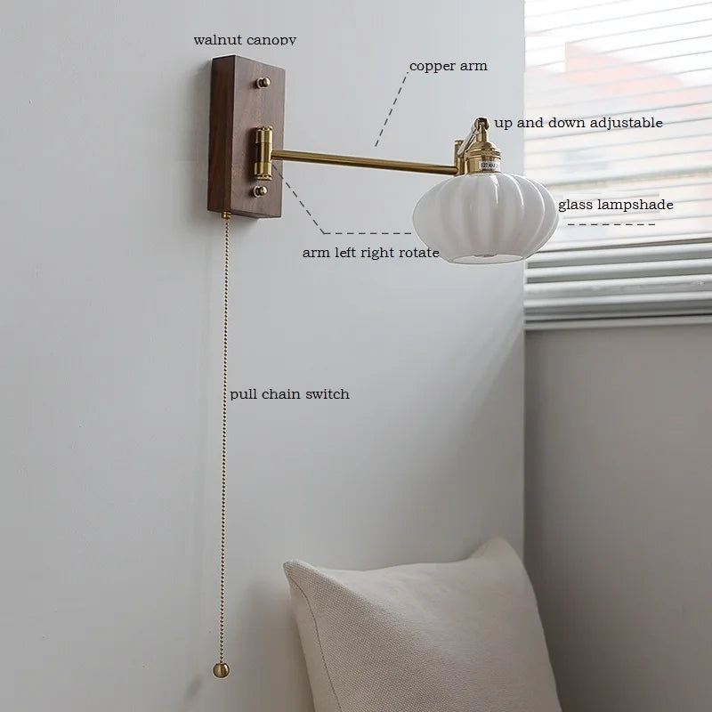Afralia™ Wall Lamp Pull Chain Switch Ceremic LED Fixture with Walnut Wood Copper Arm