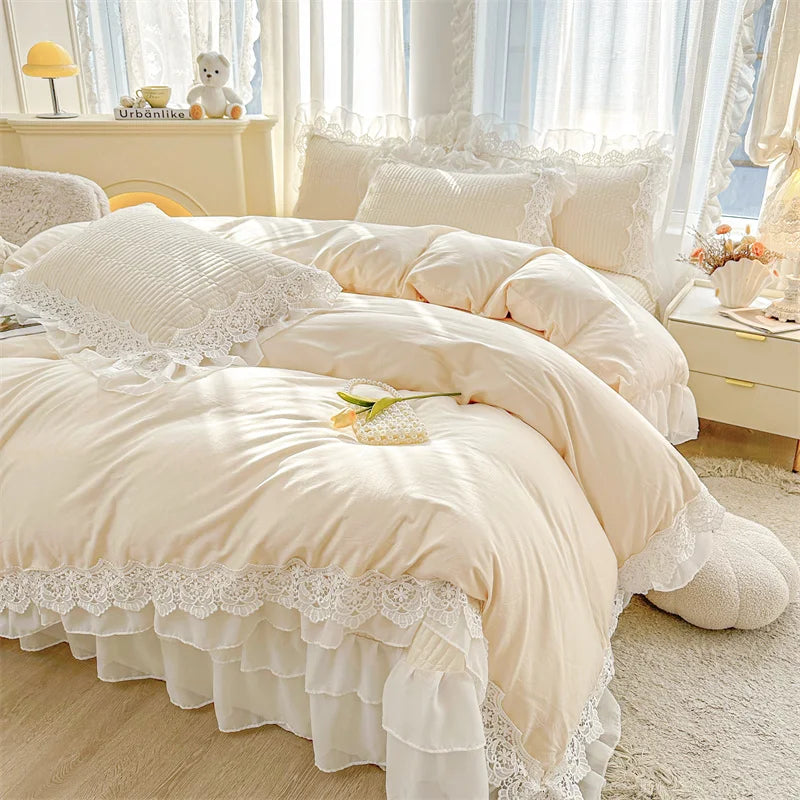 Afralia™ Lace Ruffles Princess Style 100% Cotton Bedding Set