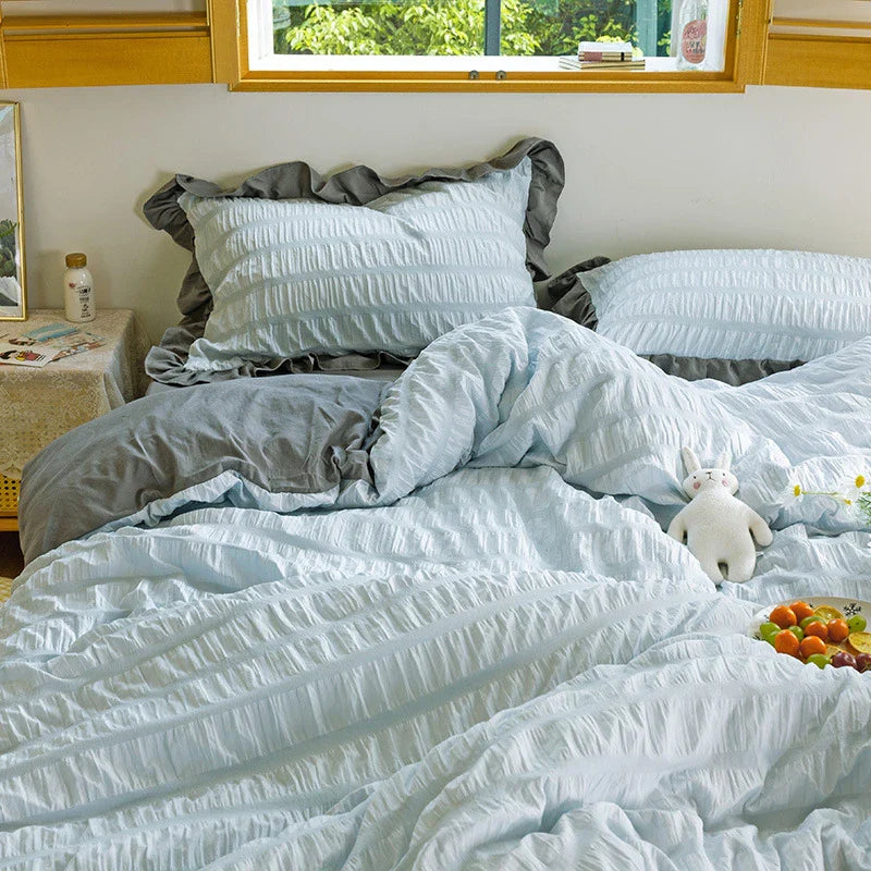 Afralia™ Princess Seersucker Kawaii Bedding Set | Lovely Ruffles Duvet Cover | Soft Comfortable Bed Sets