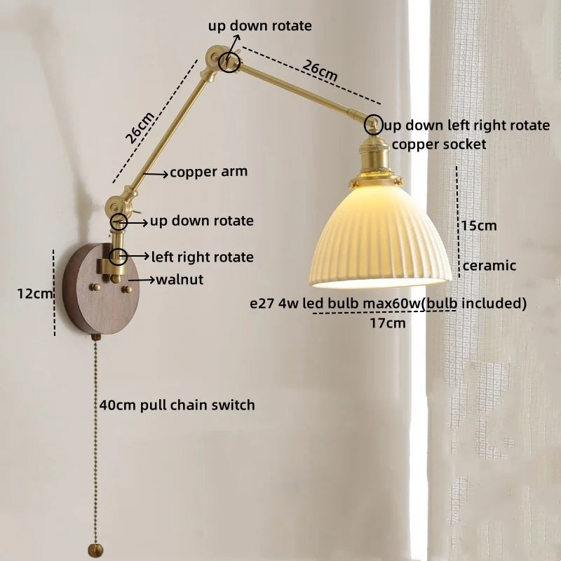 Afralia™ LED Wall Lamps Pull Chain Switch Modern Stair Light Fixtures, Ceramic Copper