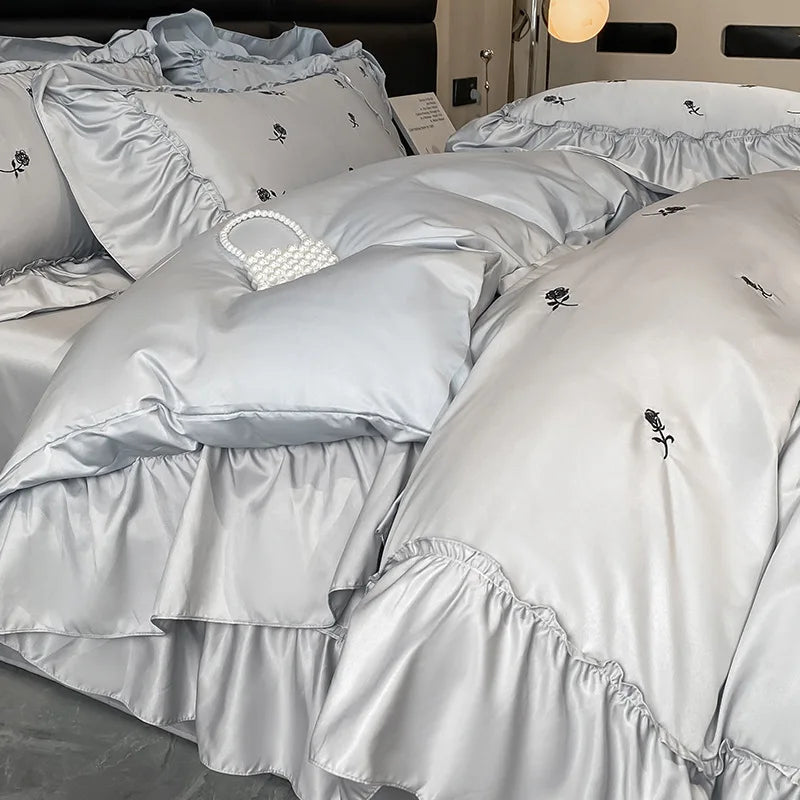 Afralia™ Ice Silk Embroidery Bedding Sets: Luxury Rayon Duvet Set with Lace, Soft & Cozy