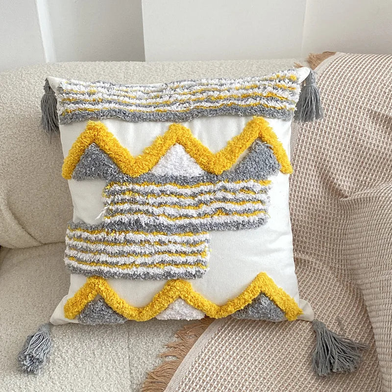 Afralia™ Yellow Geometric Tufted Sofa Pillow Cover - Bohemian Cushion Cover