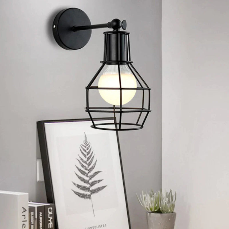 Afralia™ Black Iron Cage Wall Lamp: Retro Indoor Sconce for Bedroom, Bar, and Reading