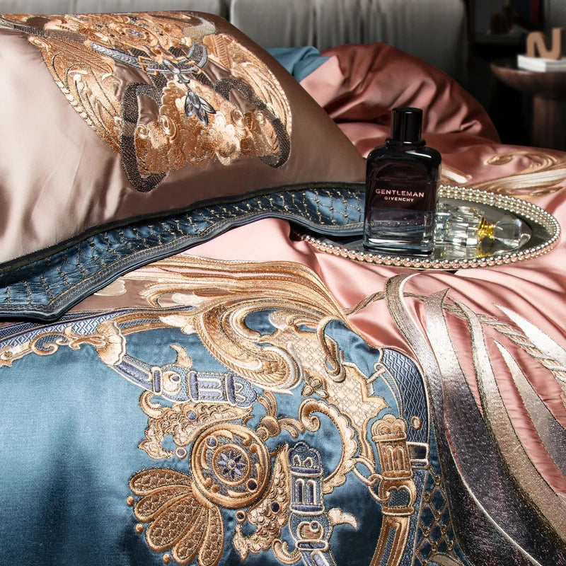 Afralia™ Luxe Gold Embroidery Palace Style Bedding Set - Duvet, Sheet, Pillowcases