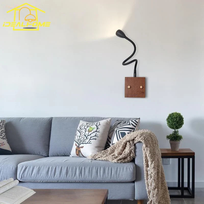 Afralia™ Walnut Wood LED Wall Lamp for Bedroom Study Cafe, Adjustable Universal Joint