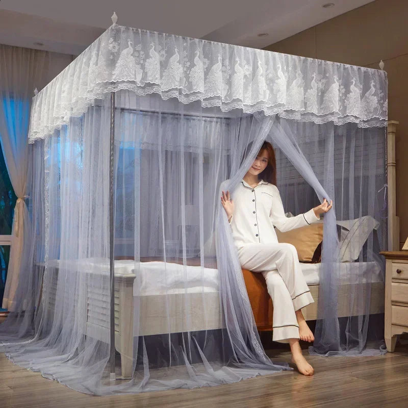 Afralia™ Princess Mosquito Net Canopy for Double Bed Square Lace Palace Embroidery