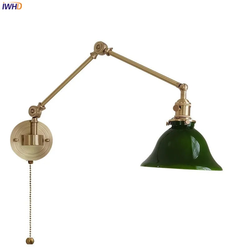 Afralia™ Swing Arm Copper Wall Lamp with Green White Lampshade, Nordic Modern Wandlamp