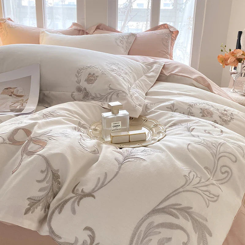 Afralia™ European Palace Style Flowers Embroidery Cotton Luxury Bedding Set with Duvet Cover, Sheets, Pillowcase