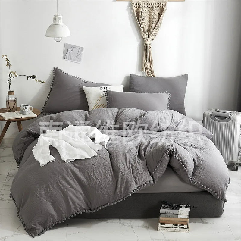 Afralia™ Pom-Pom Duvet Cover Set with Solid Color Design, Available in Various Sizes.