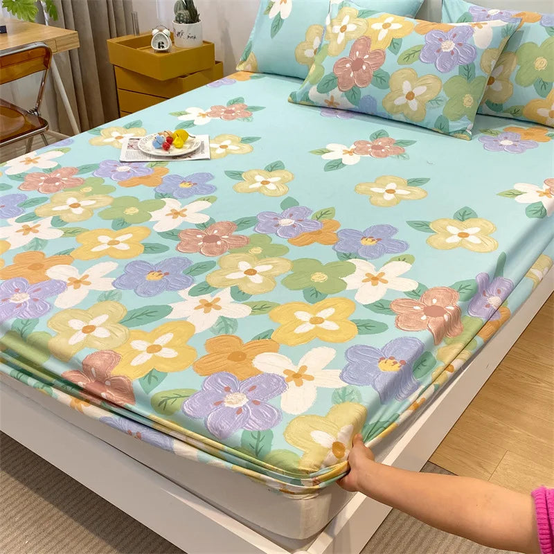 Afralia™ Fashion Flowers Print Cotton Fitted Sheet Single Piece Queen Size, Soft Pink Bed Linen