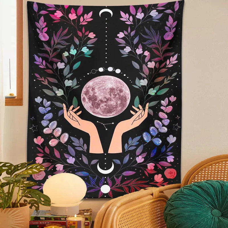 Afralia™ Botanical Moon Tapestry: Psychedelic Boho Wall Art for Magic Crystal Altar & Chakra