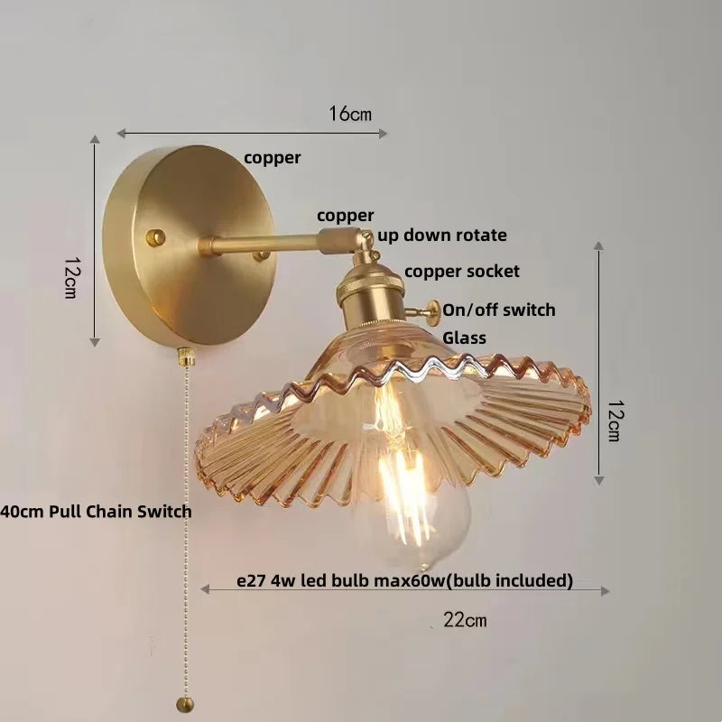 Afralia™ Vintage Green Glass LED Wall Light with Pull Chain Switch
