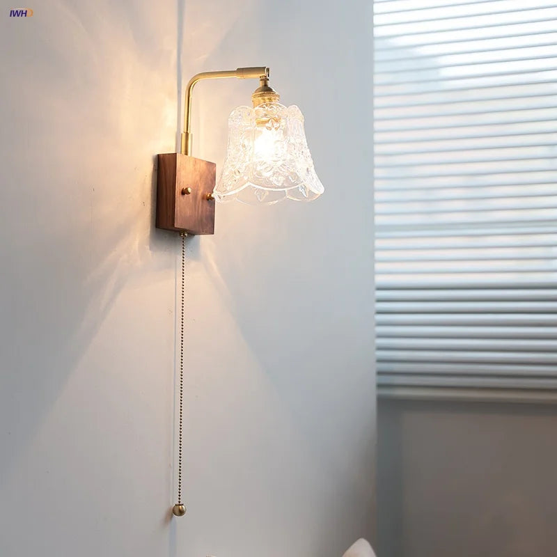 Afralia™ Clear Glass LED Wall Light Walnut Bedside Lamp Modern Rotatable Brass Wall Lights