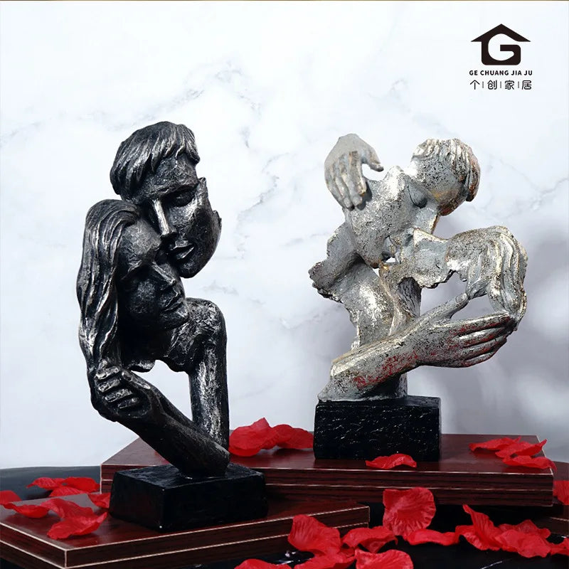 Afralia™ Resin Couple Mask Figurines Retro Lover Home Decoration Objects