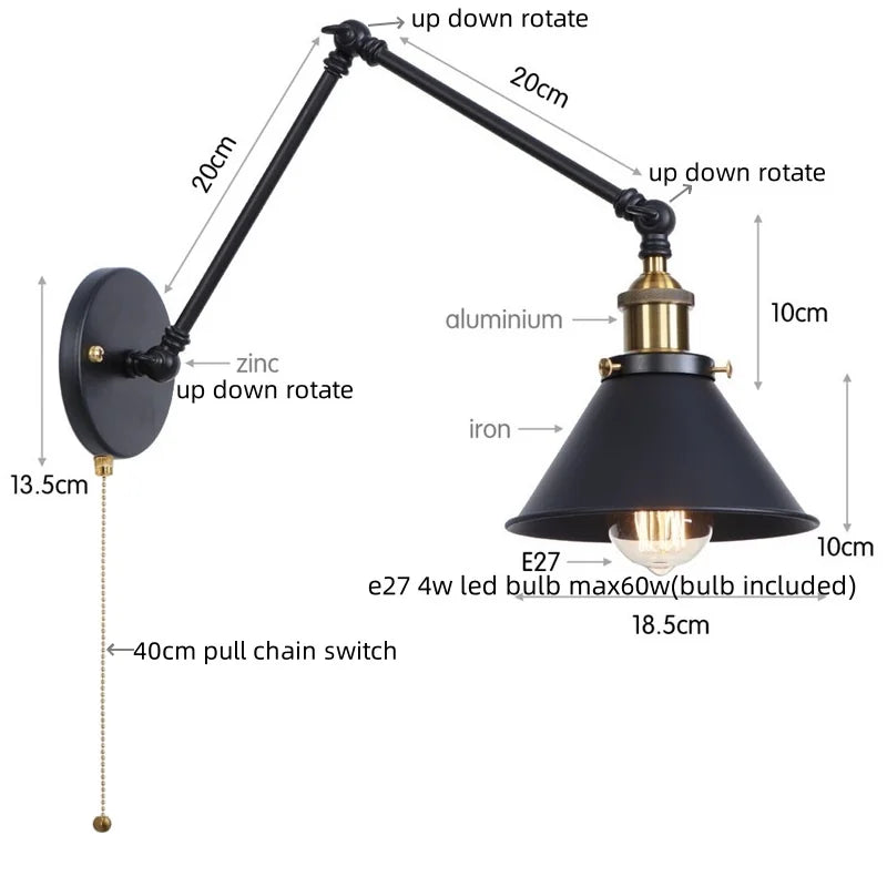 Afralia™ Gold Long Arm LED Wall Sconce with Pull Chain Switch, Adjustable Industrial Bedside Lamp