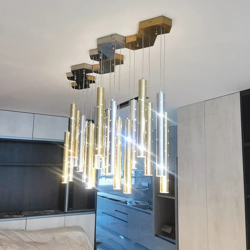 Afralia™ Long Tube LED Chandelier for Home, Restaurant - Gold/Silver Lighting Fixture