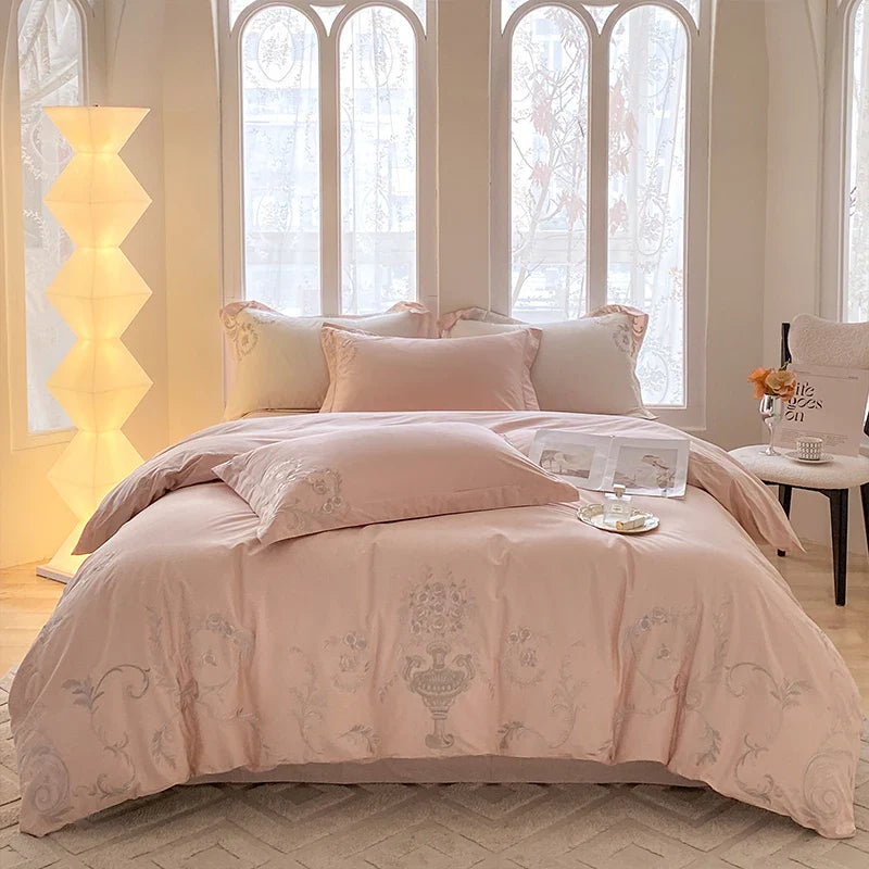 Afralia™ European Palace Style Flowers Embroidery Cotton Luxury Bedding Set with Duvet Cover, Sheets, Pillowcase