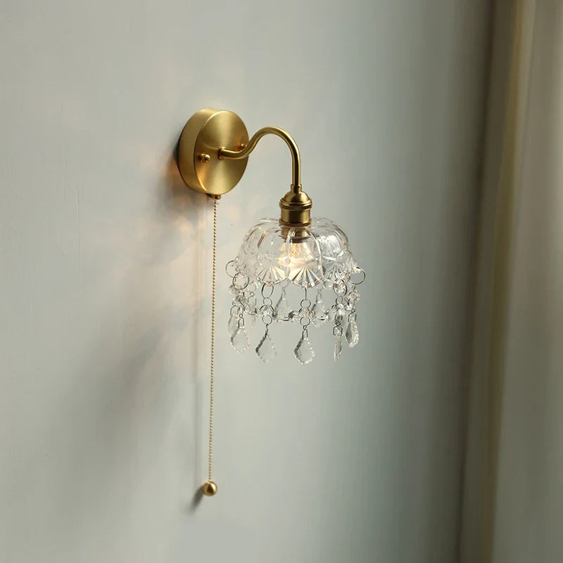 Afralia™ Nordic LED Wall Light with Pull Chain Switch, Crystal Glass Bedside Lamp
