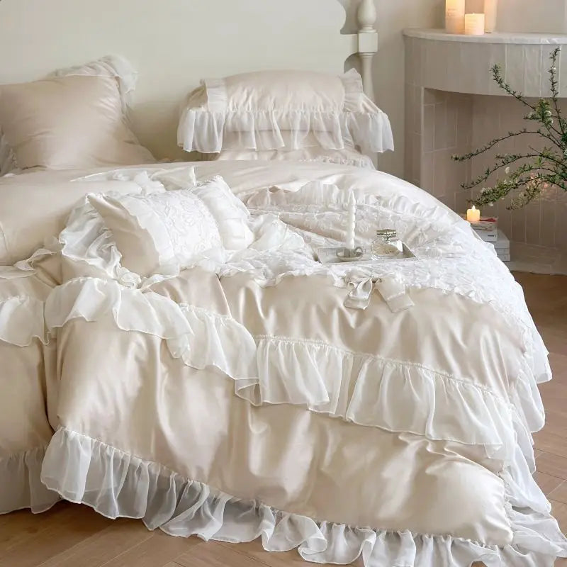 Afralia™ French Lace Ruffles Flowers Bedding Set: Duvet Cover, Sheet Set, Pillowcases