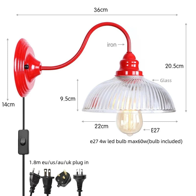 Afralia™ Vintage Loft LED Wall Lamp Red Clear Glass Stair Light