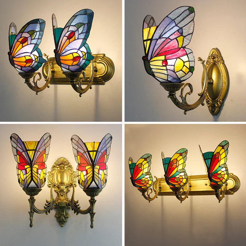 Afralia™ Butterfly Glass Sconces LED Wall Lamps Tiffany Mediterranean Bedroom Lighting