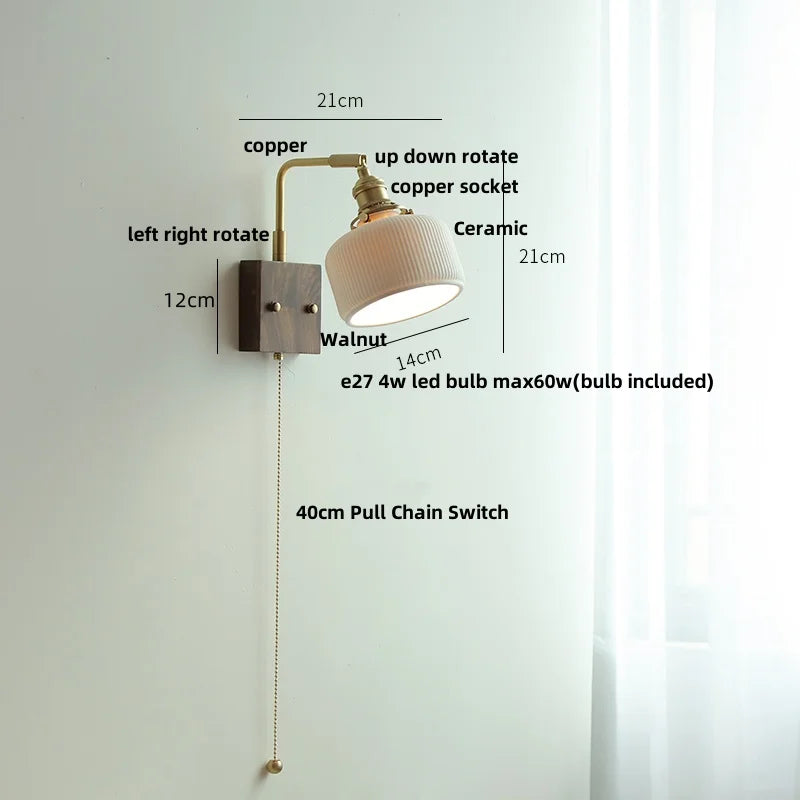 Afralia™ Globe Ceramic LED Wall Lights Walnut Wood Sconce Rotatable Bedside Lamp