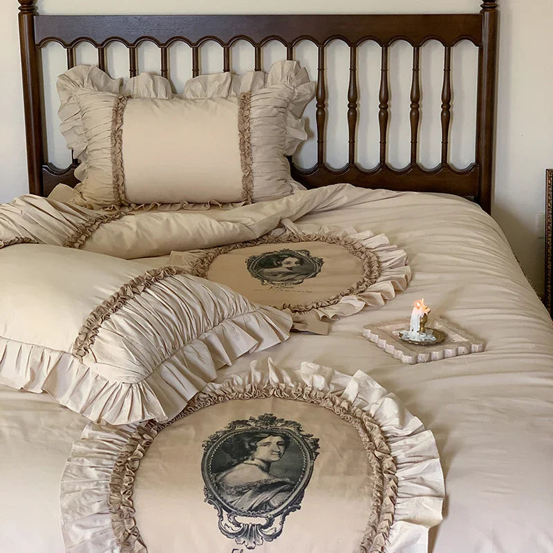 Afralia™ French Lace Ruffles Vintage Bedding Set, 100% Cotton, Queen/King, 4Pcs