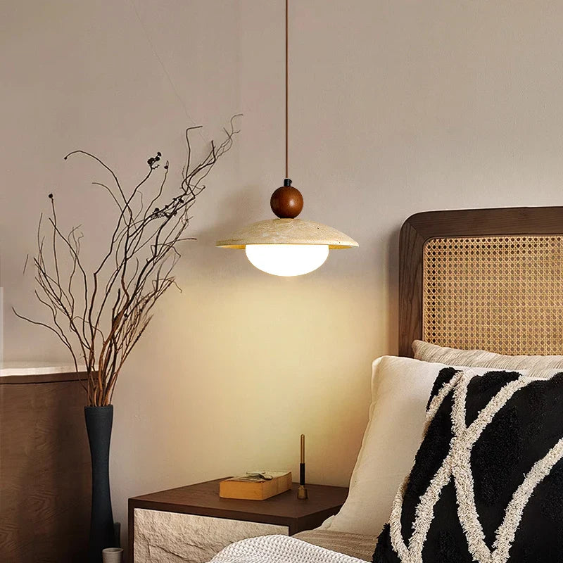 Afralia™ Globe LED Pendant Light Yellow Travertine Stone White Glass Adjust Hang Lamp