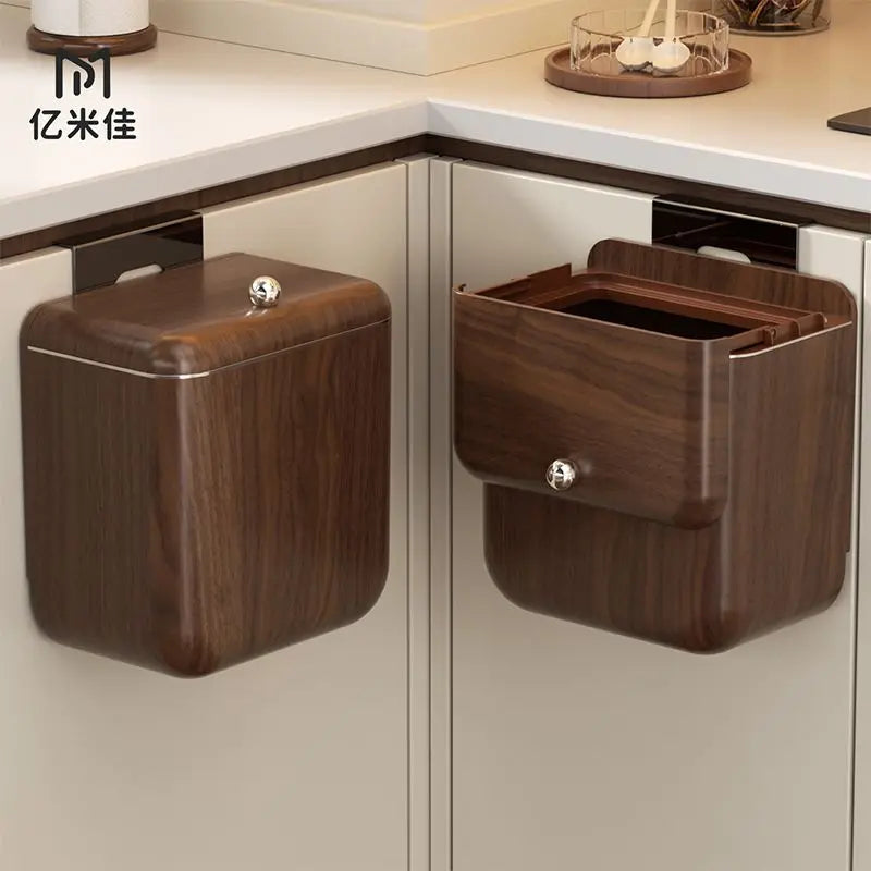 Afralia™ Antique Style Wood Grain Kitchen Trash Can with Lid, Hanging Type, Large Capacity