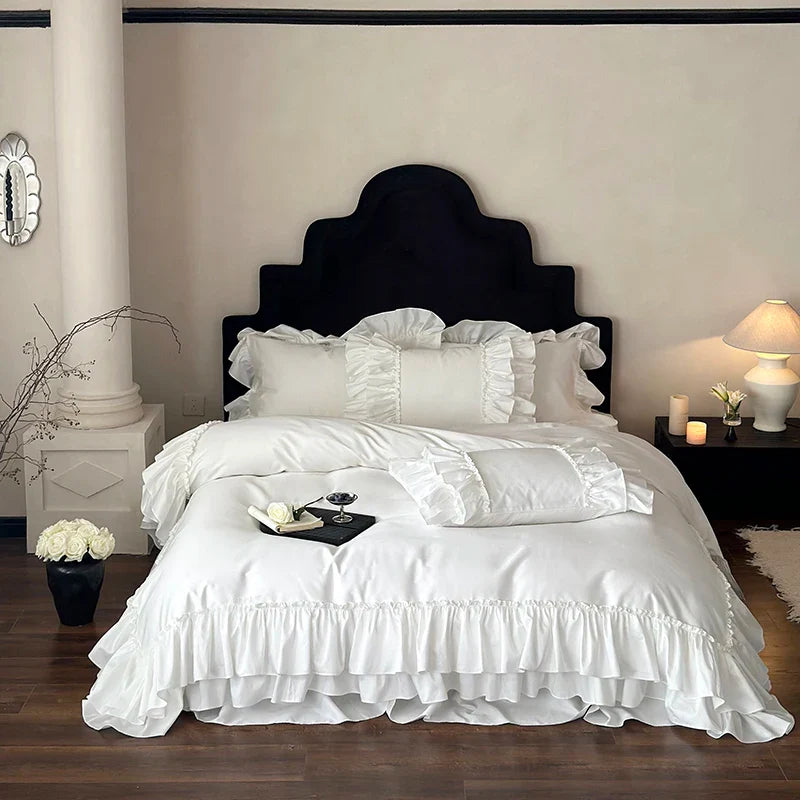 Afralia™ White French Princess Double Ruffles 1000TC Cotton Bedding Set