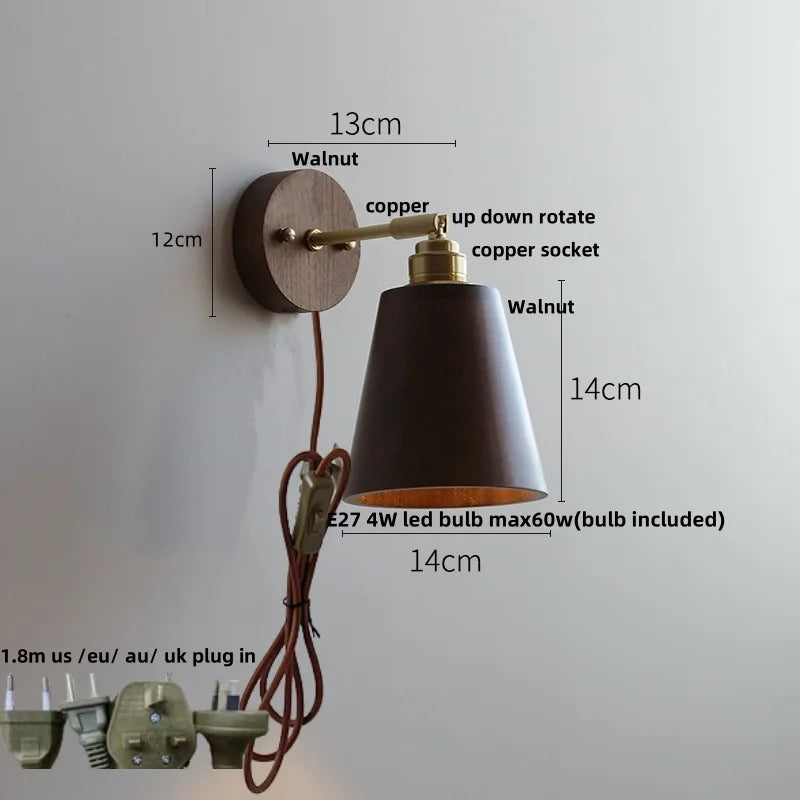 Afralia™ Copper Lampshade LED Wall Sconce Pull Chain Switch Nordic Modern Walnut Wood Mirror Light