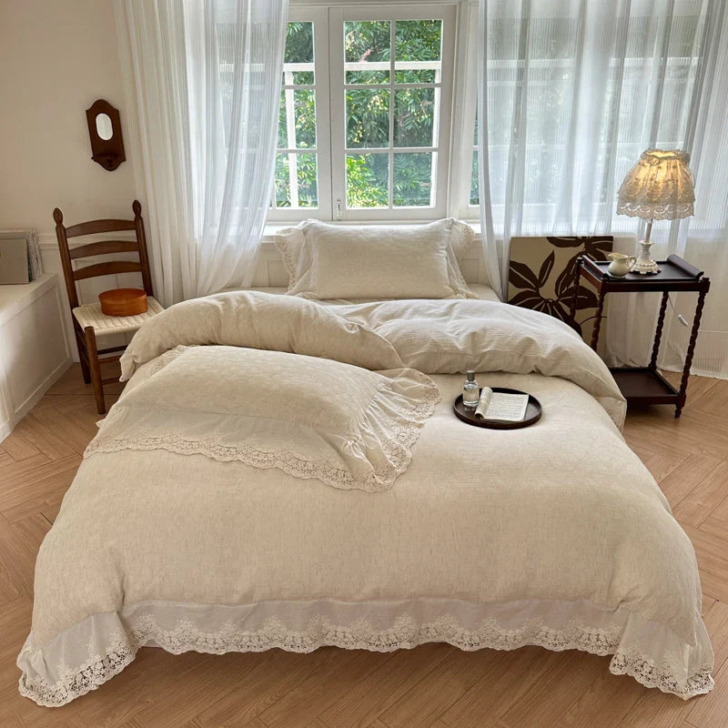 Afralia™ Jacquard Linen Cotton Ruffles Bedding Set with French Lace in Natural Skin Tone