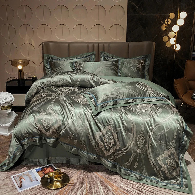 Afralia™ Luxury Soft Satin Jacquard Cotton Bedding Set in Blue/Gold/Gray, Queen/King Sizes