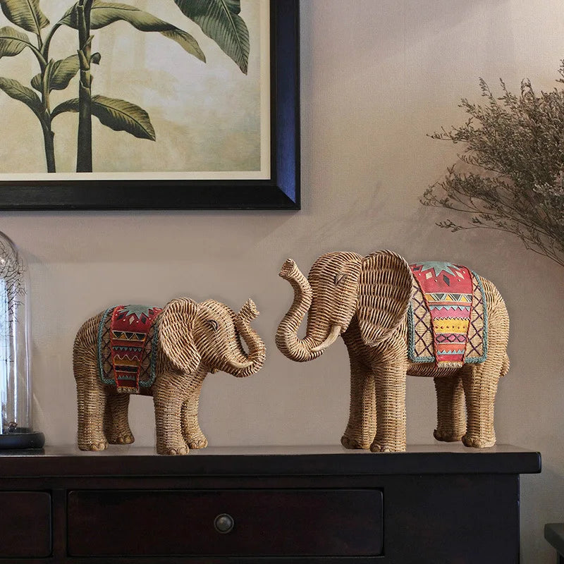 Afralia™ Elephant Resin Handicraft Ornament Hand-painted Braided Decor Statue Simulation Animal
