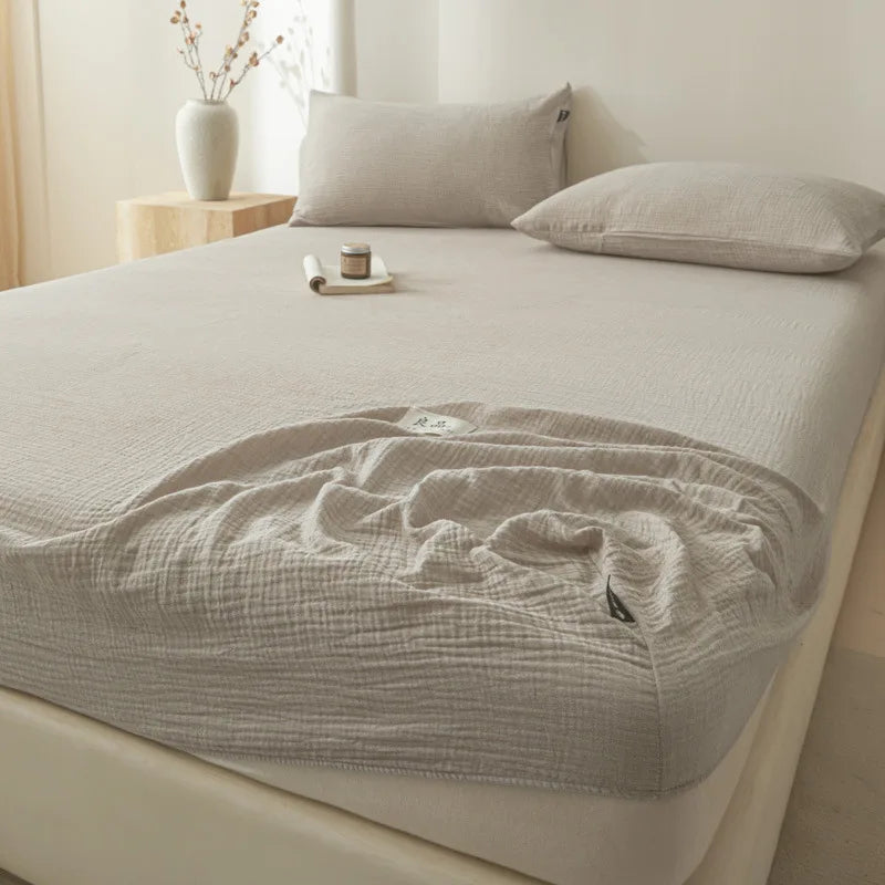Afralia™ Cotton Fitted Sheet: Wrinkled Yarn, Nordic Comfort, All Seasons Bed Cover