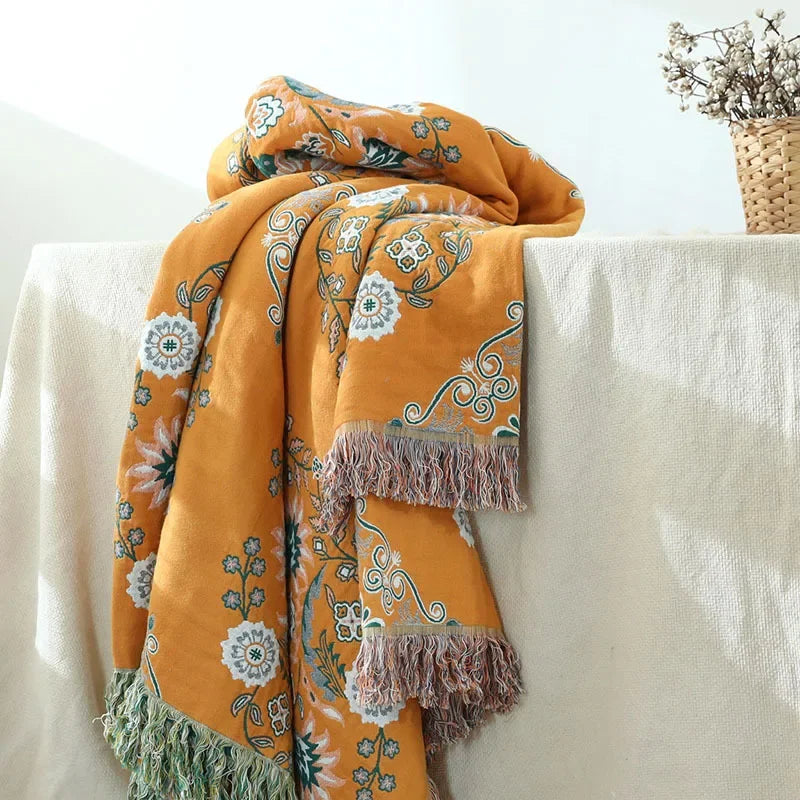 Afralia™ Gauze Flowers Double-Sided Cotton Throw Blanket with Tassels