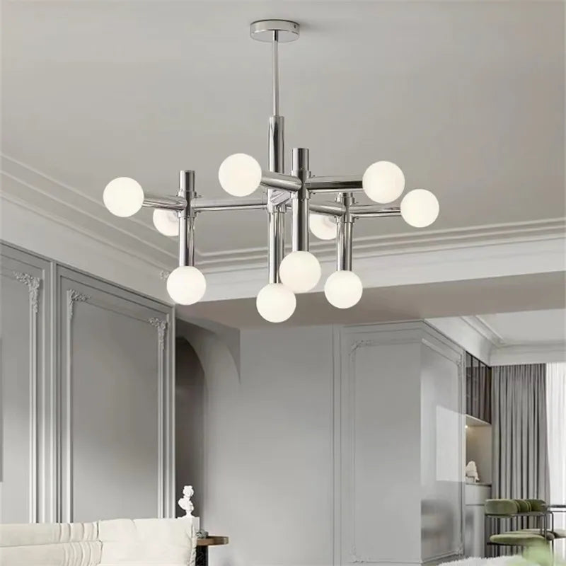 Afralia™ Tubular Chrome Chandelier with White Glass Shades - Modern Mid-Century Lighting