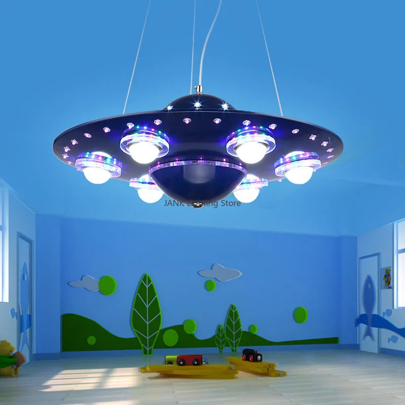 Afralia™ Alien UFO Design LED Pendant Light for Children's Room, Creative Iron Art Chandelier