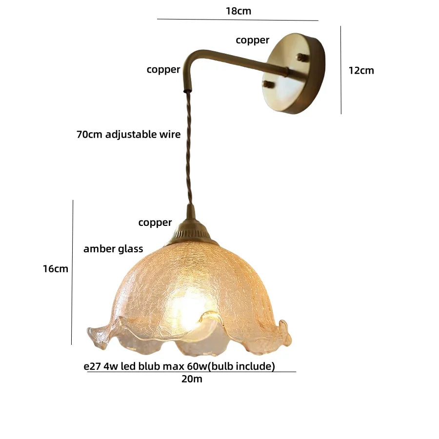 Afralia™ Amber Glass LED Wall Sconce with Pull Chain Switch for Bedroom and Bathroom