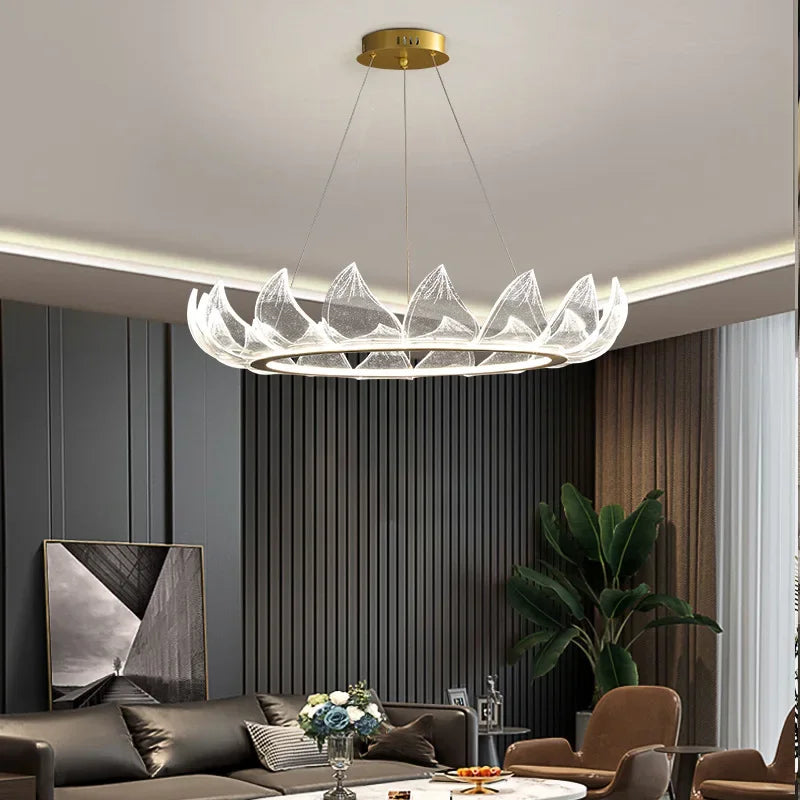 Afralia™ Lotus Acrylic LED Chandelier Gold Suspend Lamp for Living Room Lighting