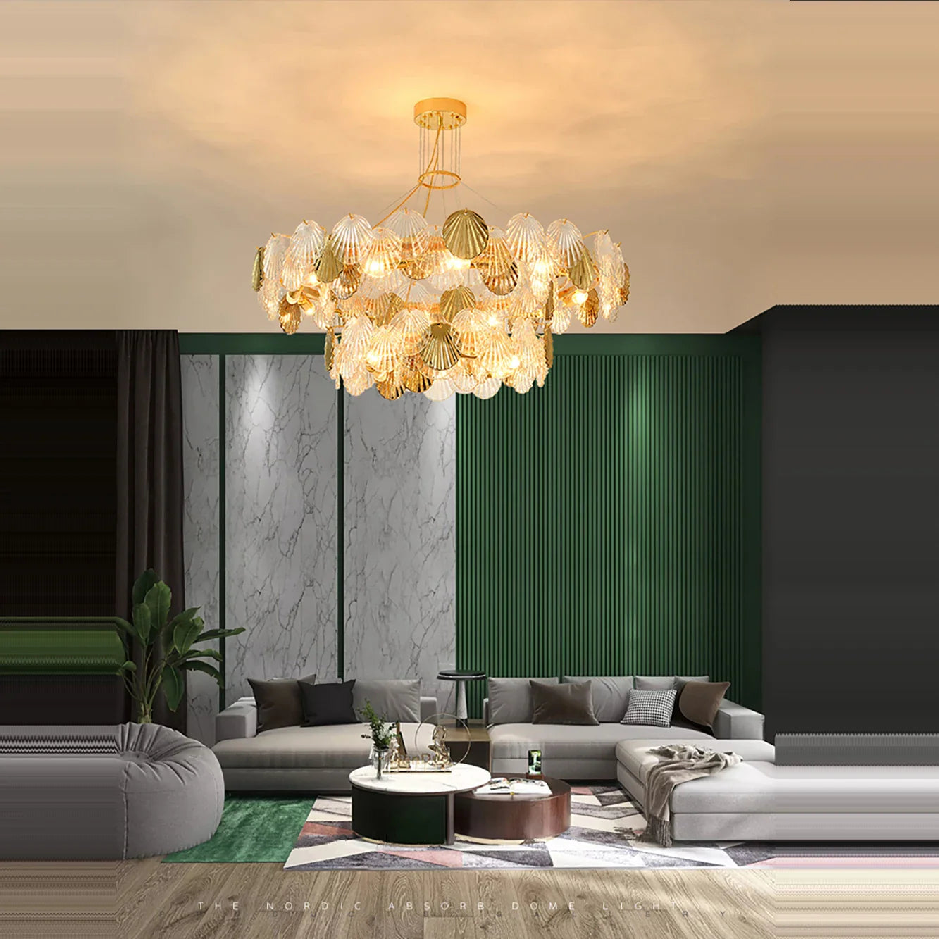 Afralia™ Shell Glass LED Ceiling Chandeliers Gold - Modern Living Room Decor