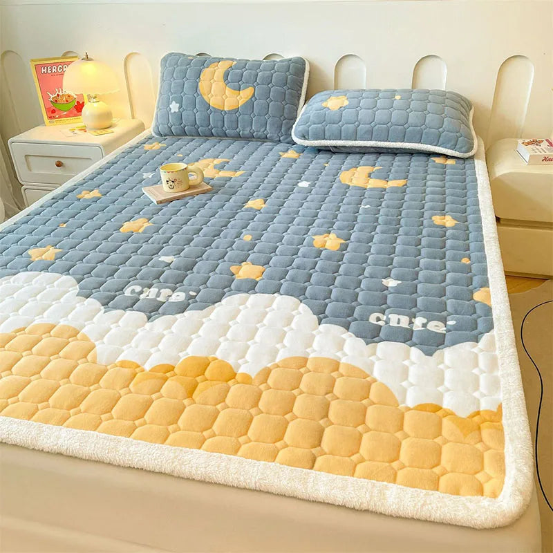 Afralia™ Milk Velvet Printed Mattress Topper: Thick Warm Cartoon Cushion for All Seasons