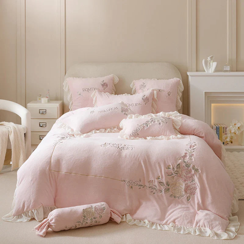 Afralia™ Rose Flowers Embroidery Princess Bedding Set - 4Pcs