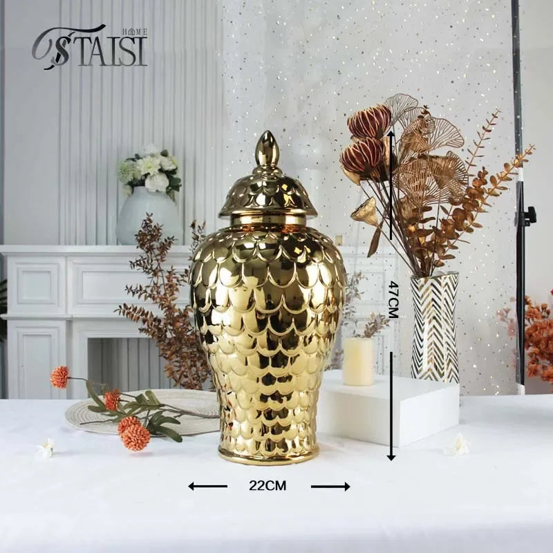 Afralia™ Geometric Golden Porcelain Jar - Home Decor Vase & Storage Tank