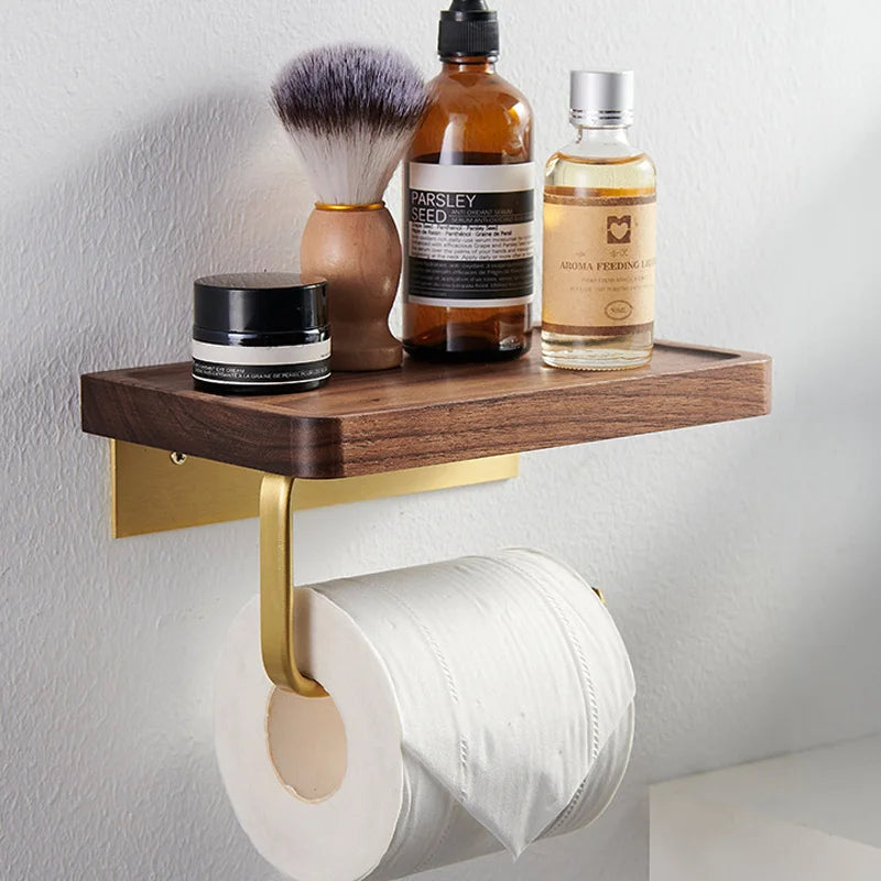 Afralia™ Brass & Wood Wall-mounted Toilet Paper Holder & Tissue Box Rack