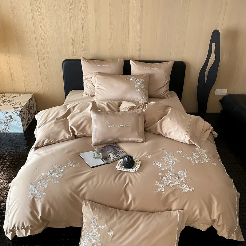 Afralia™ Egyptian Cotton Flowers Embroidery Bedding Set in Black, Red, and Khaki