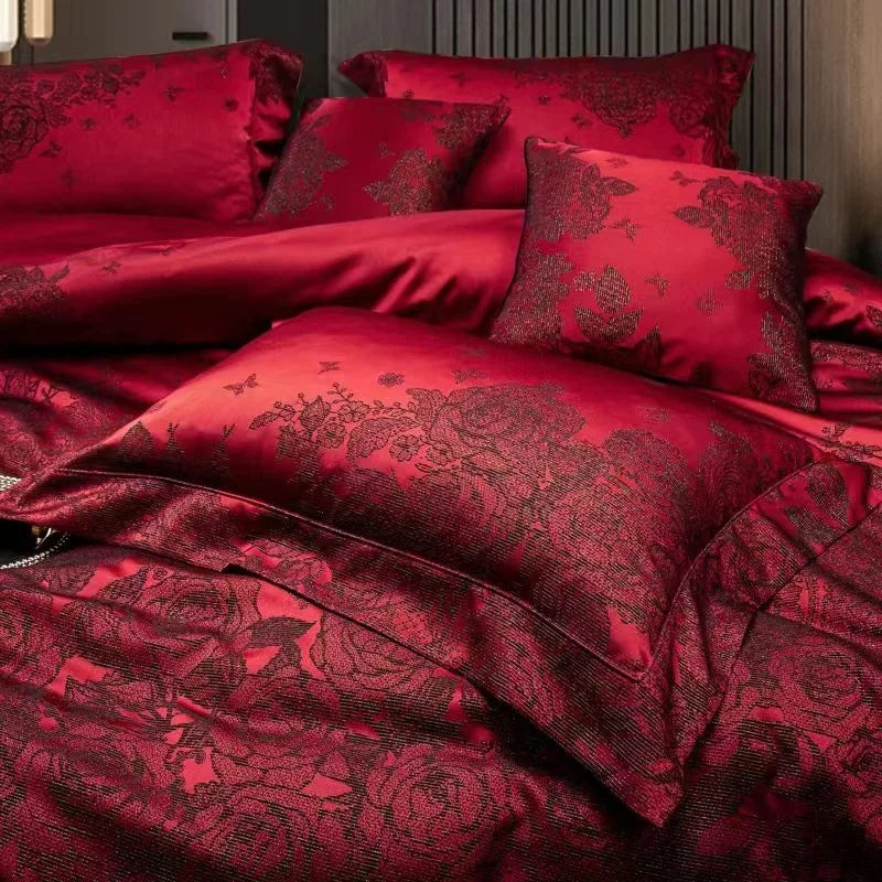 Afralia™ Burgundy Red Luxury Jacquard Egyptian Cotton 5Pcs Bedding Set