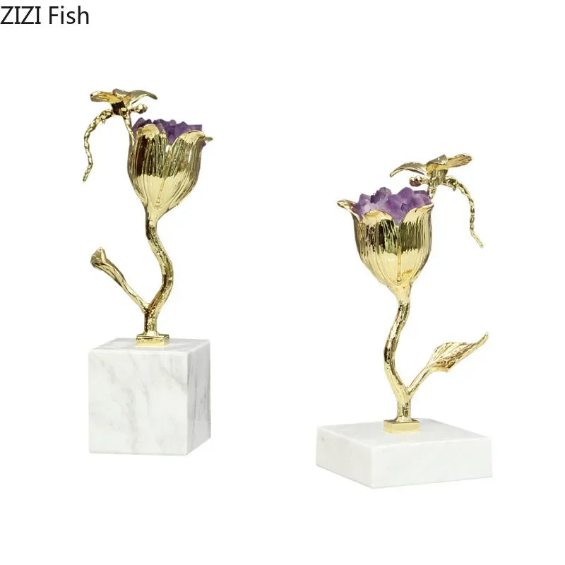 Afralia™ Amethyst Flower Ornaments Gold-plated Dragonfly Decor Sculpture Room Decor