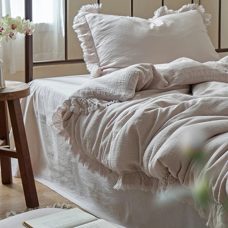 Afralia™ Soft Cotton Tassel Ruffles Bedding Set with Duvet Cover, Sheet & Pillowcases